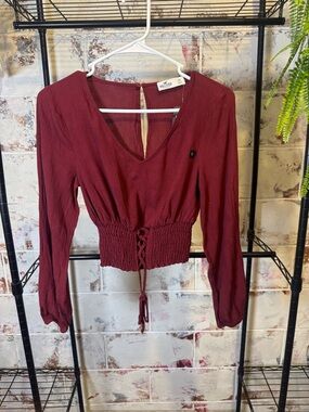 Hollister Burgundy Smocked Tie Waist Crop V-Neck Long Sleeve Blouse XS